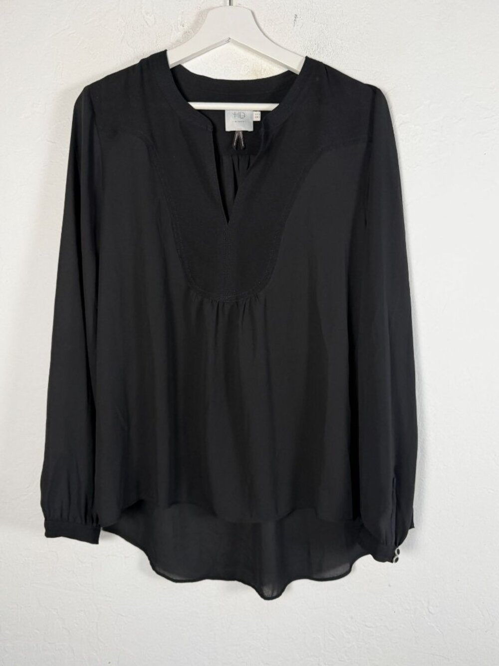 HD in Paris Womens US 14 Black Semi-Sheer Blouse Split Neck High Low Long Sleeve